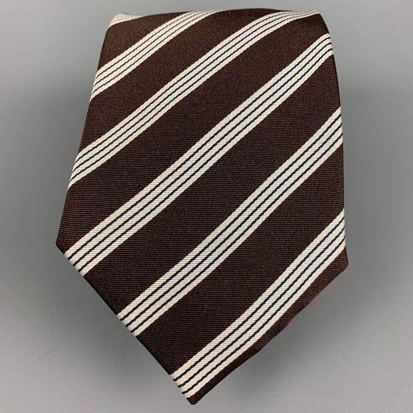 LUCIANO BARBERA Brown White Stripe Silk Tie - Picture 1 of 5
